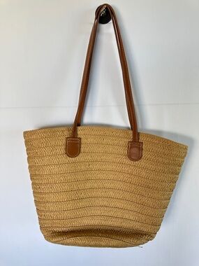 Straw Tote Bag Woven Paper Shoulder Bag Beach Summer Vacation Tan Neutral